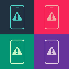 Pop art Mobile phone with exclamation mark icon isolated on color background. Alert message smartphone notification. Vector