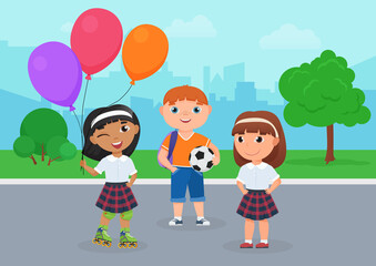 Happy friends children in school uniform stand together in park vector illustration. Cartoon girl in roller skates holding balloons, boy holding ball to play football, kids friendship background