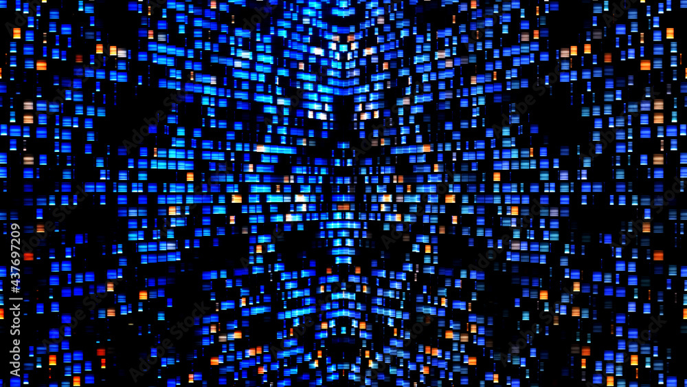 Poster abstract futuristic fractal blue and orange lighting square tile pattern wall corner in perspective 