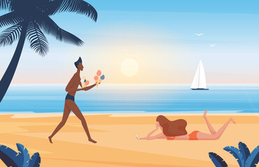 Fototapeta na wymiar People relax on summer sea beach vacation in tropical island vector illustration. Cartoon young man character holding ice cream, walking to girl in swimsuit bikini lying and sunbathing, background