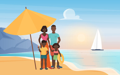 Family happy people stand under beach umbrella at tropical island paradise resort landscape vector illustration. Cartoon young mother father, daughter and son children characters standing together