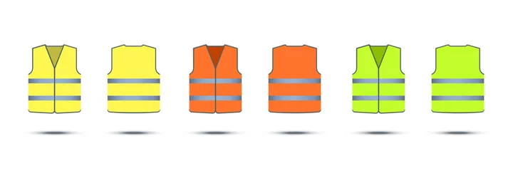 Foto op Canvas Yellow, orange and green safety vests with reflective strips isolated on white background. Vector work uniform, front and back view templates set. © backup16