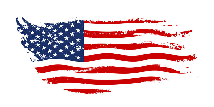 Grunge waving American flag isolated on white background. Scratched USA national symbol. Vector design element.