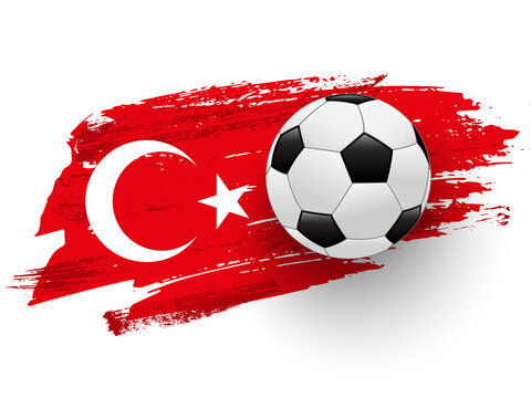 Realistic soccer ball on flag of Turkey made of brush strokes. Vector football design element.