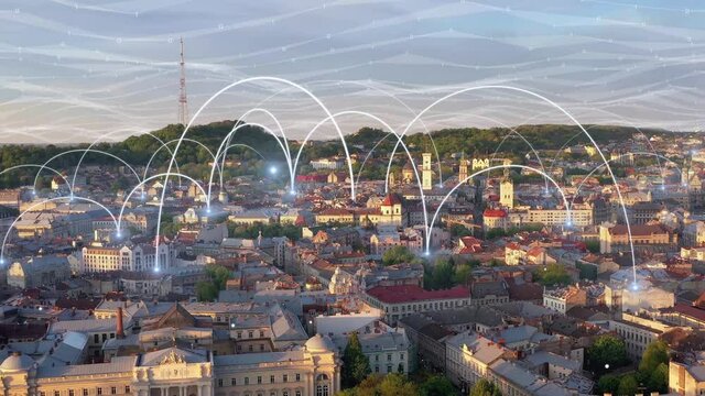 Visualization of Information Flows and Lines Flying in Global Network. Futuristic Network and Technology 5G. Smart City. Information Arches Forming During Network Communication