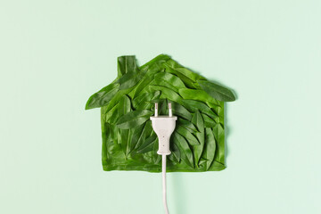 Symbol of green house made of leaves and a plug top view. Eco energy and energy saving concept.