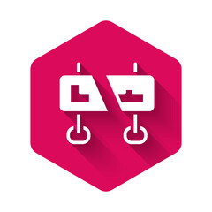 White Road traffic sign. Signpost icon isolated with long shadow background. Pointer symbol. Isolated street information sign. Direction sign. Pink hexagon button. Vector