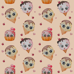 Seamless pattern with sweet ice cream. Different cute ice cream with eyes and tongue in a waffle cup on a light yellow background. Watercolor. Hand drawing