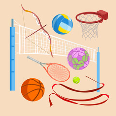 Fototapeta premium Set of sports equipment different kinds of sports. Vector full color illustrations.