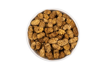 dried mulberry in a bowl on a white background