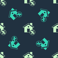 Green and beige House with percant discount tag icon isolated seamless pattern on blue background. Real estate home. Credit percentage symbol. Vector