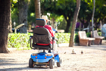 Senior man using electric wheelchair in the park. Lifestyle and independence of disabled people