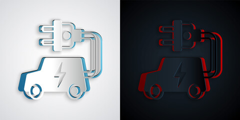 Paper cut Electric car and electrical cable plug charging icon isolated on grey and black background. Renewable eco technologies. Paper art style. Vector