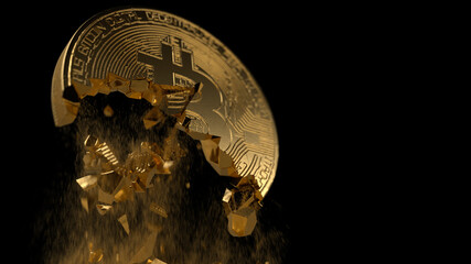 Golden bitcoin crumble cracking dust falling, cryptocurrency market crash 2021, Close up, depth of field, black background.