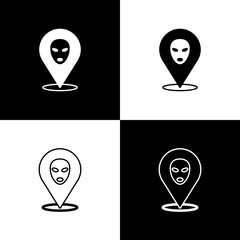 Set Alien icon isolated on black and white background. Extraterrestrial alien face or head symbol. Vector