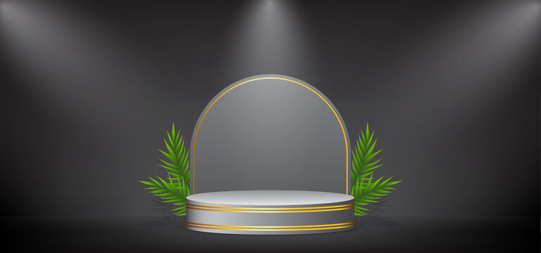 Vector illustration of black stage background with podium, lightning and green leaves ornaments