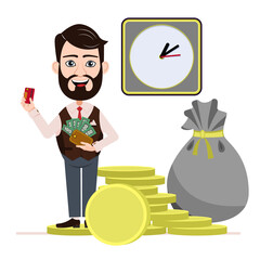 A person has a lot of money. Cartoon man with bills in his wallet for animation. Next to the man are coins, a watch, and a bag of gold. All the details are on separate layers . Editable strokes
