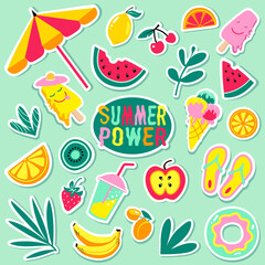 A set of beach summer stickers on a mint background: food, drinks, flip flops, inflatable circle, palm leaves, fruit. A collection of scrapbooking elements for a beach party. Vector illustration.