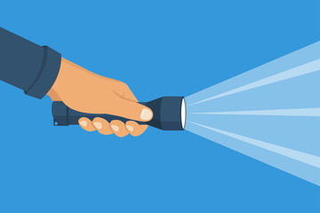 Hand holding flashlight. Search concept. Yellow bright ray of light. Vector illustration flat design. Isolated on white background. Beam light. Press a finger on the button. - obrazy, fototapety, plakaty