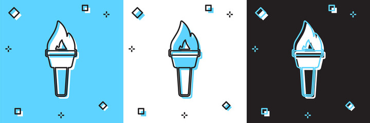 Set Torch flame icon isolated on blue and white, black background. Symbol fire hot, flame power, flaming and heat. Vector