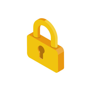 Gold Lock. Lock Icon Isometric Style. Vector Illustration Flat Design. Isolated On White Background. Symbol Of Privacy And Protection.