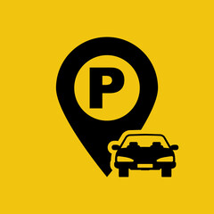 Parking icon. Black car silhouette with stop symbol. Road sign. Abstract pictogram. Vector illustration flat design. Isolated on yellow background.
