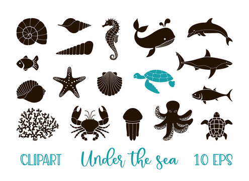 Underwater animals clipart - a set of silhouettes