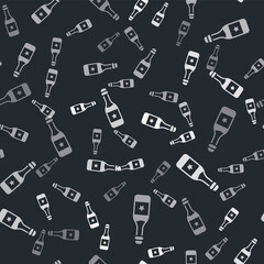 Grey Champagne bottle icon isolated seamless pattern on black background. Merry Christmas and Happy New Year. Vector
