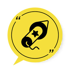 Black Firework icon isolated on white background. Concept of fun party. Explosive pyrotechnic symbol. Yellow speech bubble symbol. Vector