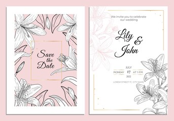 Lily Wedding Invitation card, save the date template. Black and white lily flowers and leaves with golden frame on pink background. Hand drawn vintage style lilies Vector illustration.