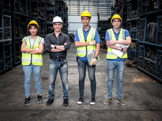 Portraits of dedicated and dedicated auto parts warehouse teams include female engineers and male technicians within working environments.