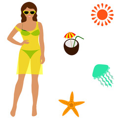 Beach holidays. Mini set of vector illustrations. A girl in a swimsuit and tunic, cocktail, sun, jellyfish, starfish.