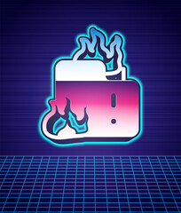 Retro style Fire in burning house icon isolated futuristic landscape background. 80s fashion party. Vector