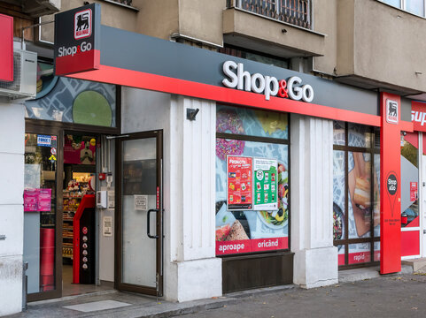 Bucharest/Romania - 11.15.2020: Shop&go store on the ground floor of a apartment building. Store belonging to Mega Image (Delhaize group).