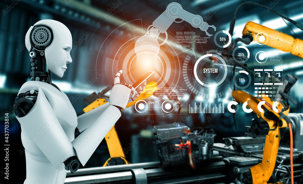 Poster mechanized industry robot and robotic arms for assembly in factory production . concept of artificia