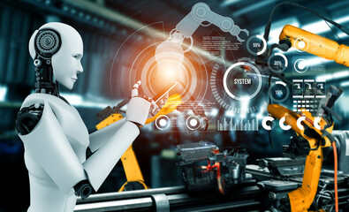 Mechanized industry robot and robotic arms for assembly in factory production . Concept of...