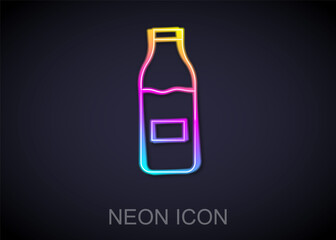 Glowing neon line Closed glass bottle with milk icon isolated on black background. Vector