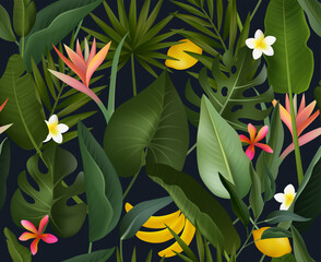 Realistic seamless pattern with tropical leaves and fruits. Vector seamless illustration 