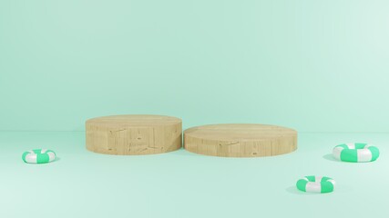 3D background renderings, wooden podium on green background and float wheel for presentation products, summer vacation themes, for web pages, background images
