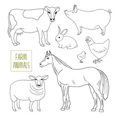 Outline vector Farm Animals and domestic birds set. Cow, horse, pig, hen, chicken, sheep, rabbit. Animal husbandry, Livestock, cattle, dairy, poultry. Hand drawn elements isolated, coloring page