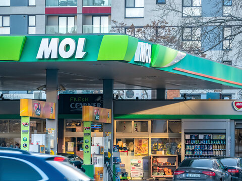 Bucharest/Romania - 09.27.2020: Mol fuel station in Bucharest. MOL group international oil and gas company logo