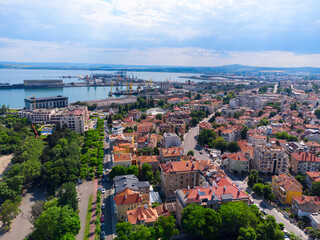 Fototapeta na wymiar Aerial view of city of Burgas, View of Burgas Bay and the seaport of Burgas, Bulgaria