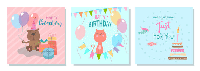 Happy birthday.Cute animals, gifts, cake, balloons, candy