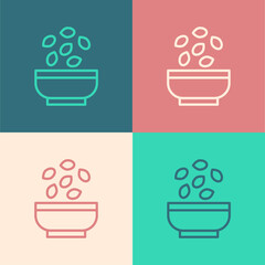 Pop art line Seeds in bowl icon isolated on color background. Vector