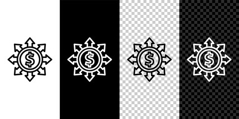 Set line Dollar, share, network icon isolated on black and white, transparent background. Vector