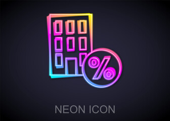 Glowing neon line House with percant discount tag icon isolated on black background. Real estate home. Credit percentage symbol. Vector
