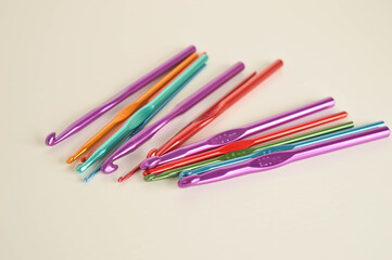 colorful metal crochet hooks close up