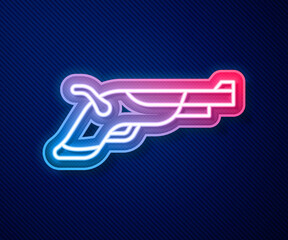 Glowing neon line Vintage pistols icon isolated on blue background. Ancient weapon. Vector