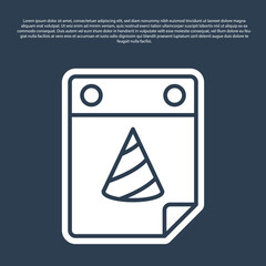 Blue line Calendar party icon isolated on blue background. Event reminder symbol. Vector