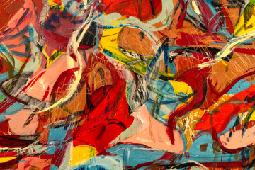 Fototapeta na wymiar Abstract painting fragment with vibrant colors, strong shapes and brushstrokes textures. Artistic unique painting.